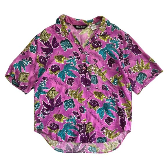 Vintage Ashleigh Morgan Womens Crop Hawaiian Shirt Pink Medium Tropical Resort‎ - Picture 3 of 12